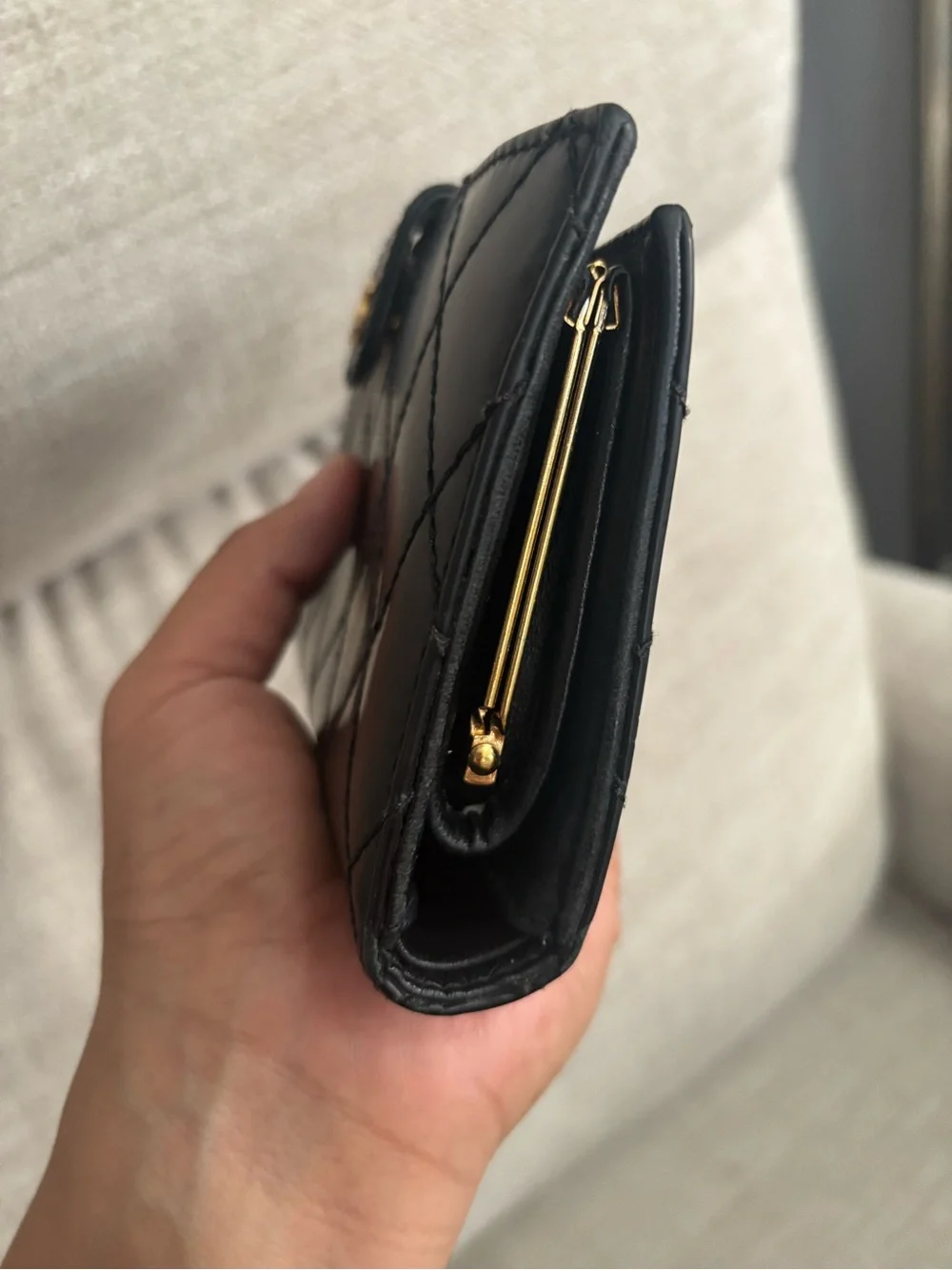 CHANEL Black Quilted Leather Wallet with Gold CC Snap
